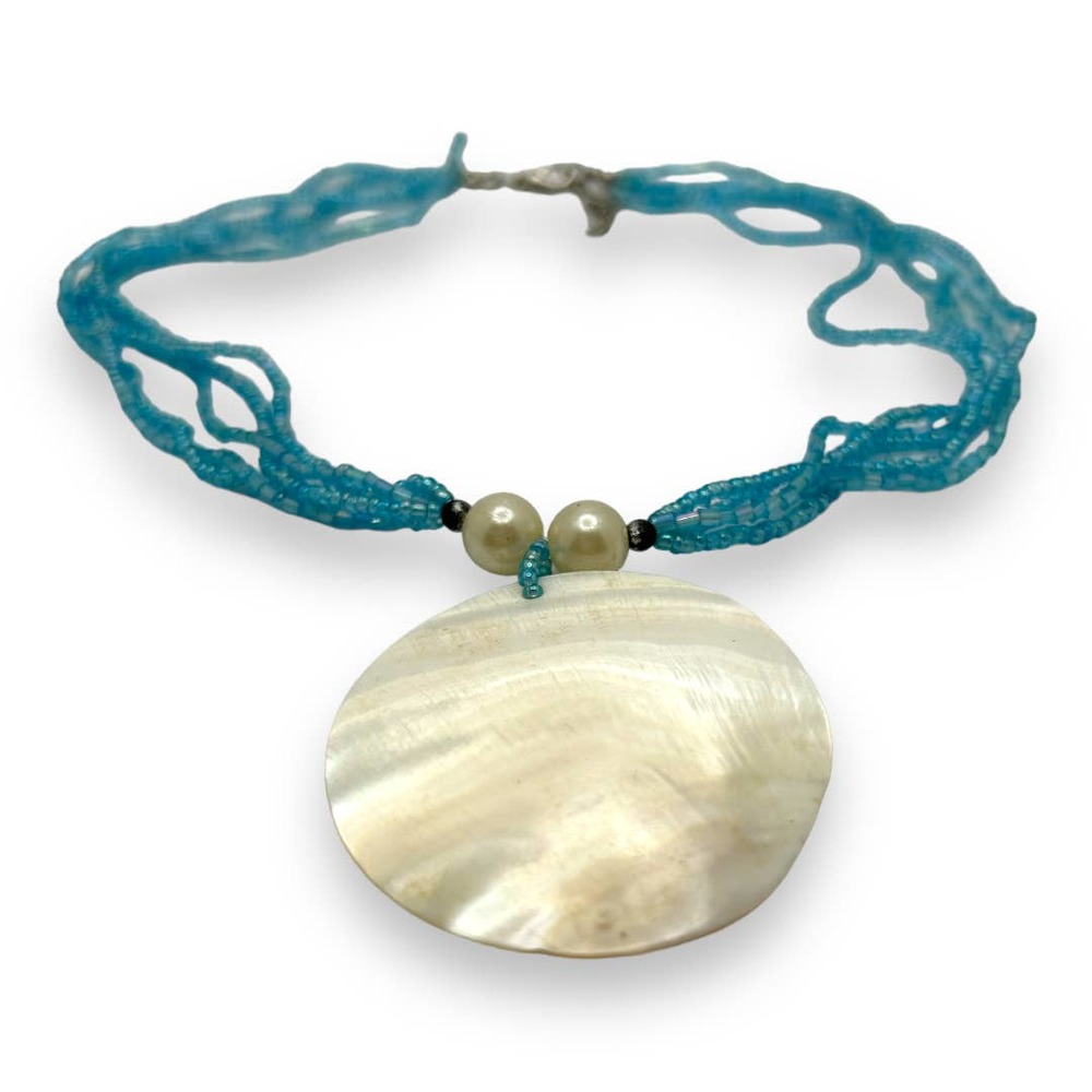 Handmade Shell and Blue Seed Bead Necklace Boho Natural Hippie - Picture 3 of 3